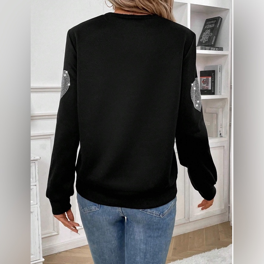 Rhinestone Heart Pattern Crew Neck Sweatshirt Black - Picture 5 of 9